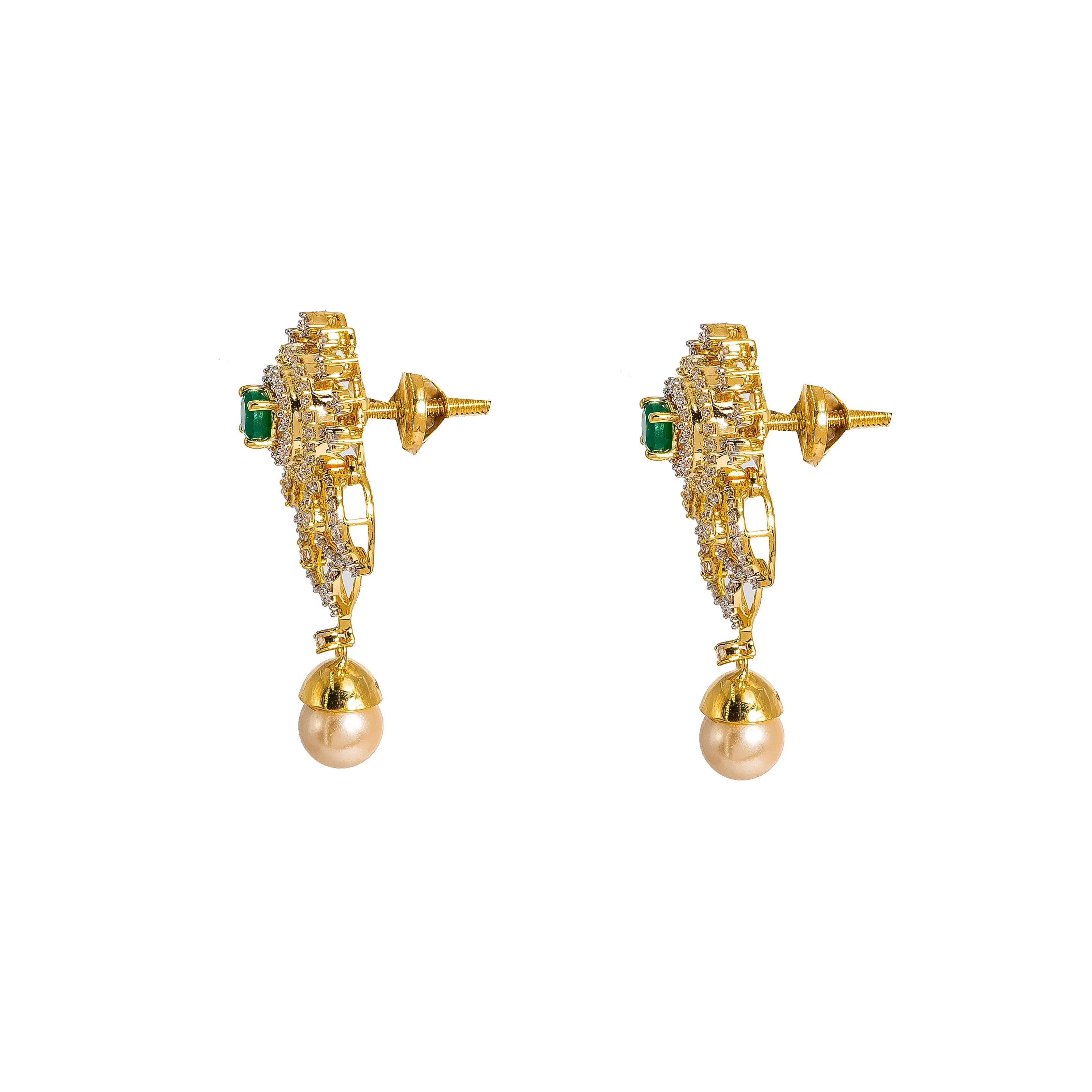 18K  Multi Tone Gold Diamond Necklace and Earrings Set W/ VVS Diamonds, Emeralds, Drop Pearls & Hibiscus Pendants