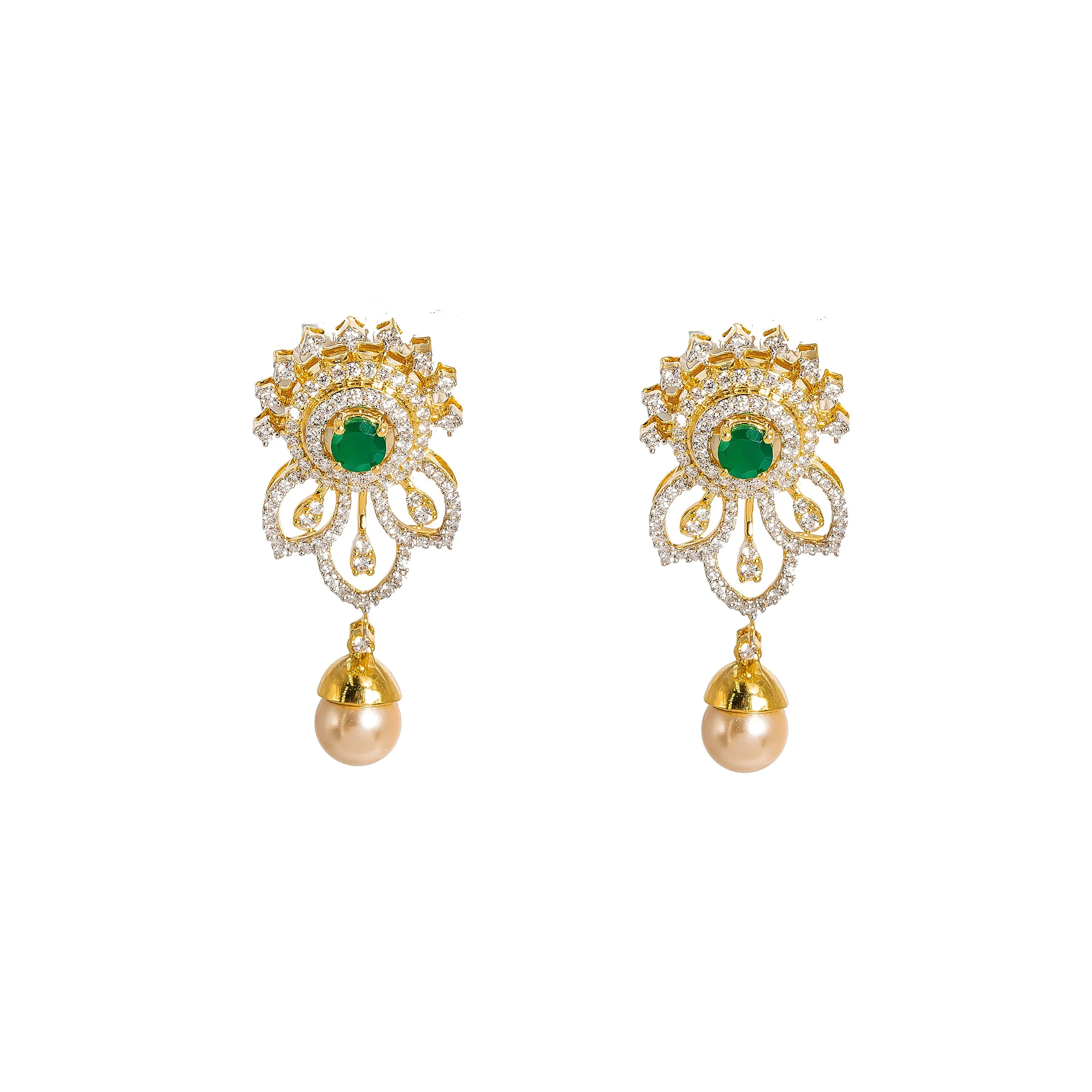 18K  Multi Tone Gold Diamond Necklace and Earrings Set W/ VVS Diamonds, Emeralds, Drop Pearls & Hibiscus Pendants