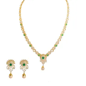 18K  Multi Tone Gold Diamond Necklace and Earrings Set W/ VVS Diamonds, Emeralds, Drop Pearls & Hibiscus Pendants
