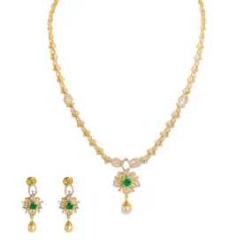 18K  Yellow Gold Diamond Necklace & Earrings Set W/ VVS Diamonds, Emeralds, Pearls & Lotus Flower Pendant