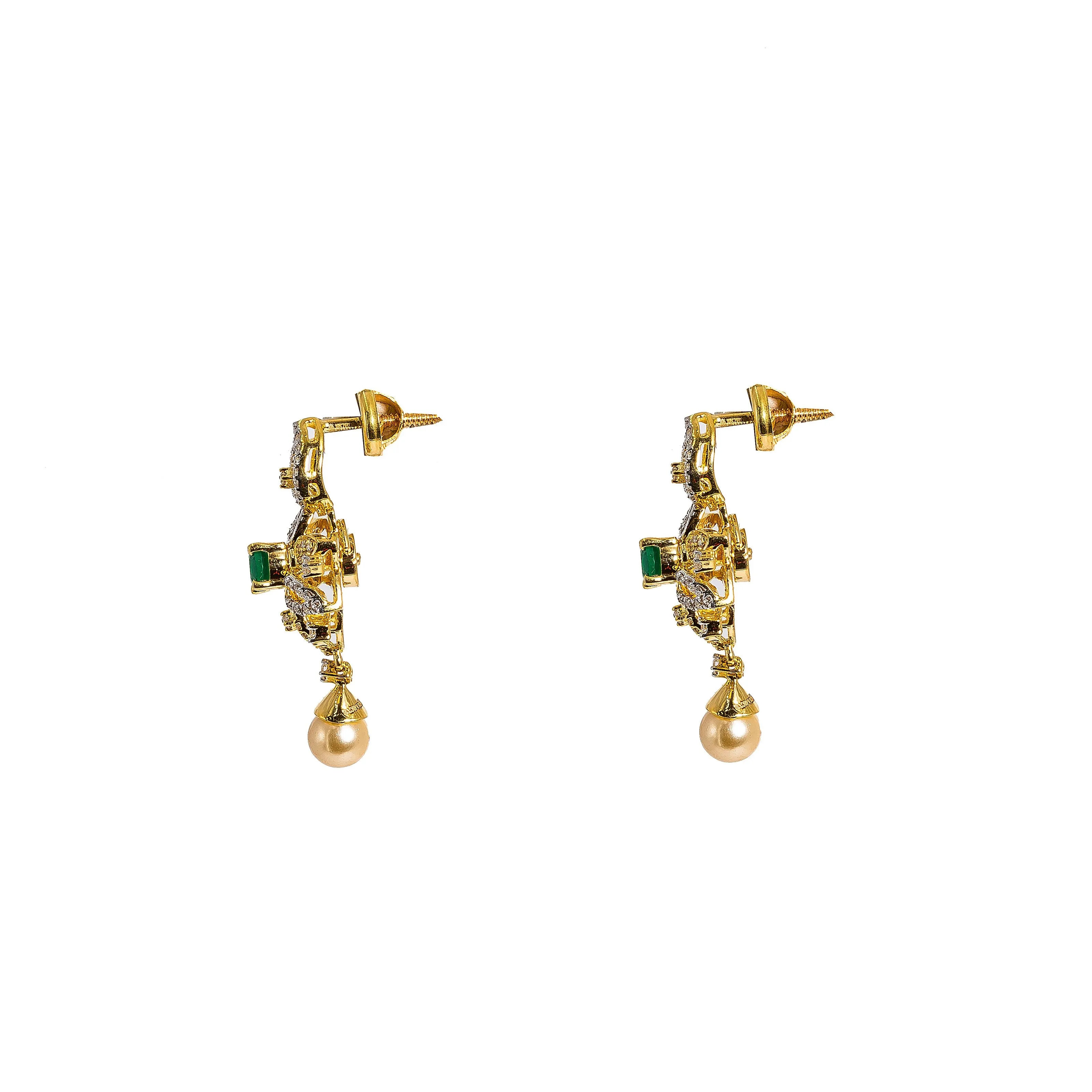 18K  Yellow Gold Diamond Necklace & Earrings Set W/ VVS Diamonds, Emeralds, Pearls & Lotus Flower Pendant