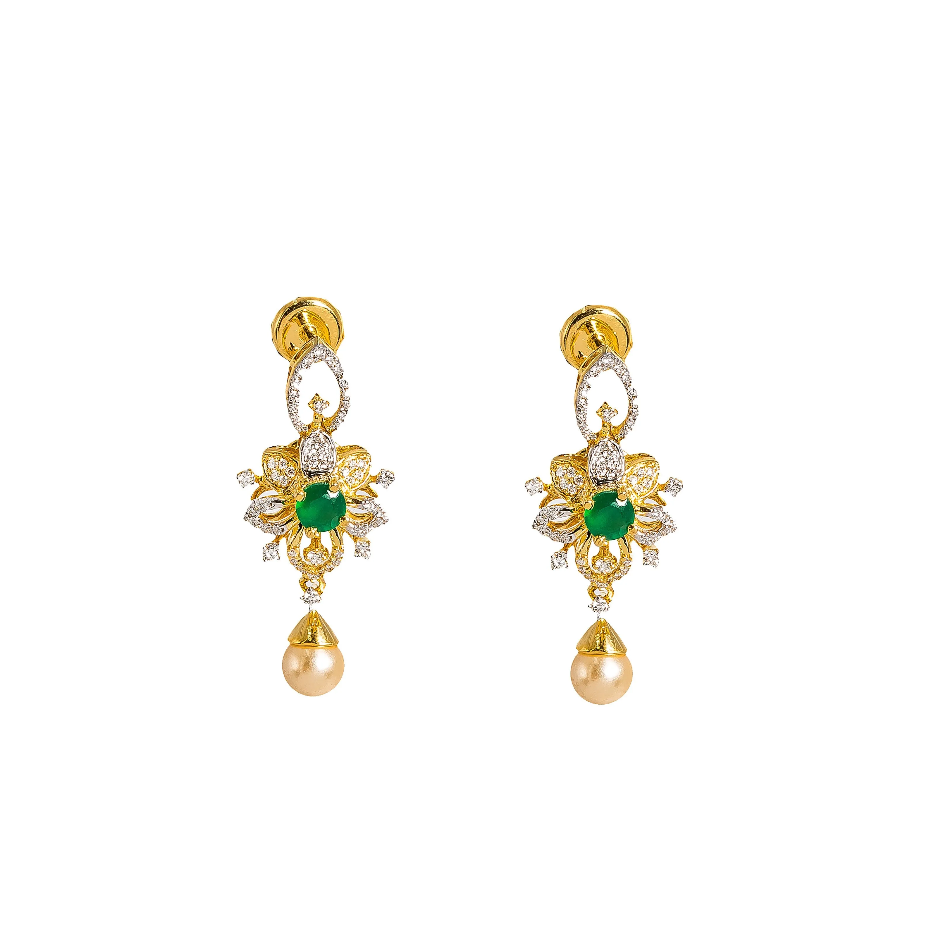 18K  Yellow Gold Diamond Necklace & Earrings Set W/ VVS Diamonds, Emeralds, Pearls & Lotus Flower Pendant