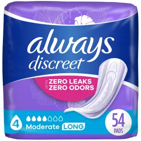 Always Discreet Incontinence Pads for Women, Moderate Long, 54 Count
