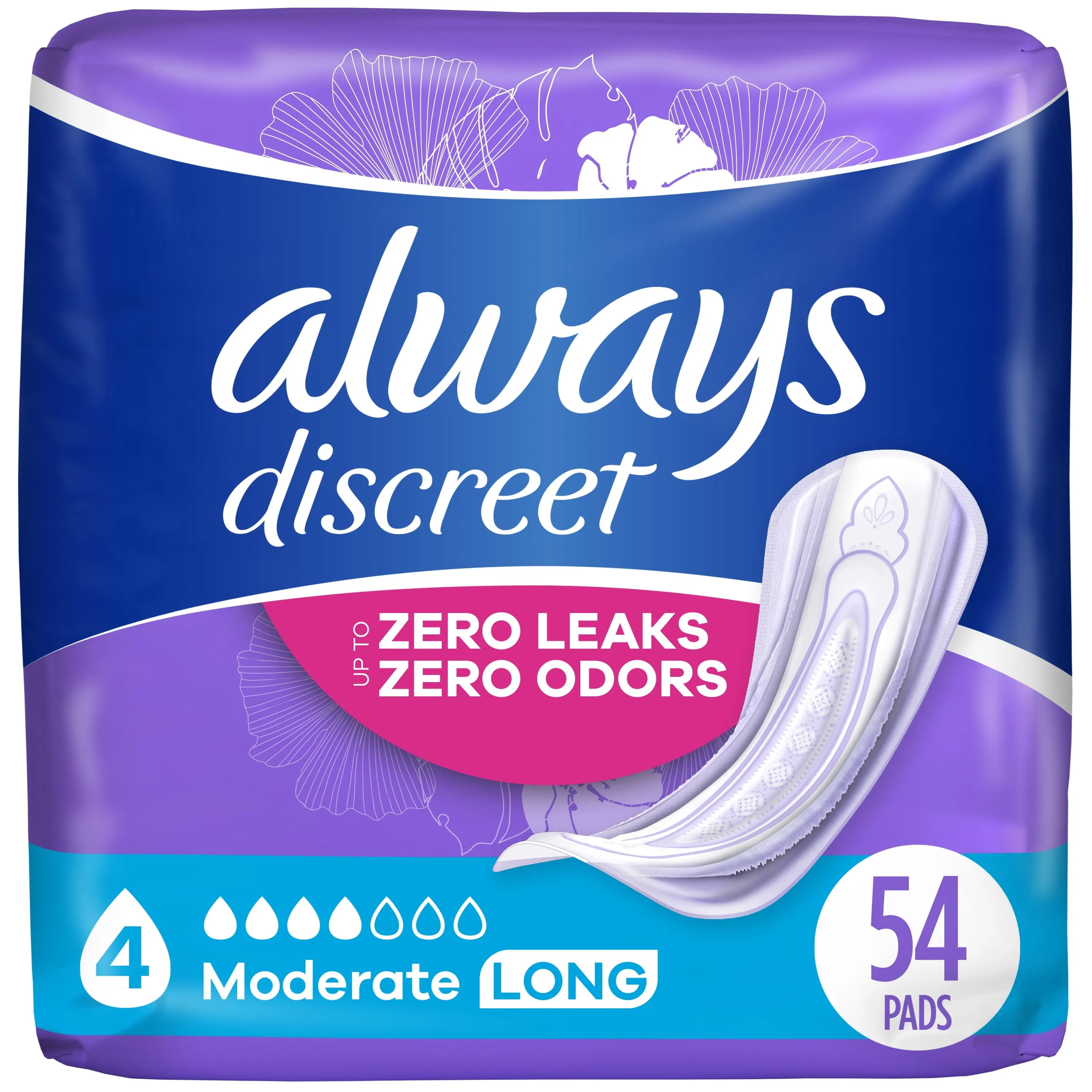 Always Discreet Incontinence Pads for Women, Moderate Long, 54 Count