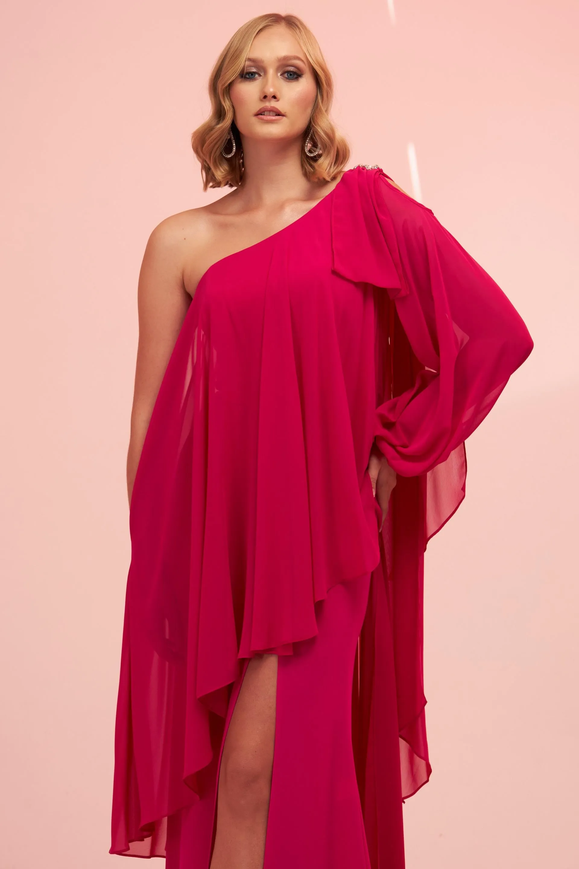 Angelino Fuchsia Single Sleeve Slit Plus Size Chiffon Evening Dress
