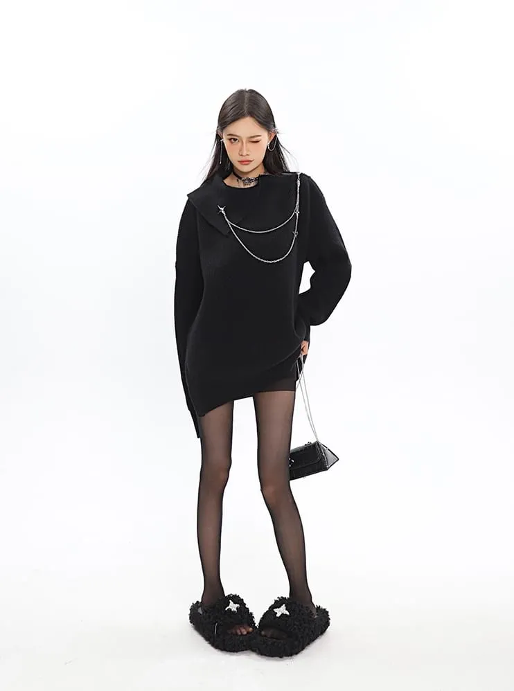 Asymmetric Off Shoulder Knit Long Top with Chain Accessory