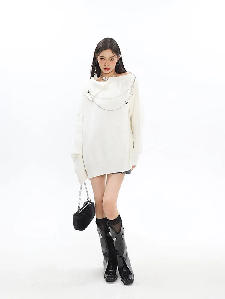 Asymmetric Off Shoulder Knit Long Top with Chain Accessory
