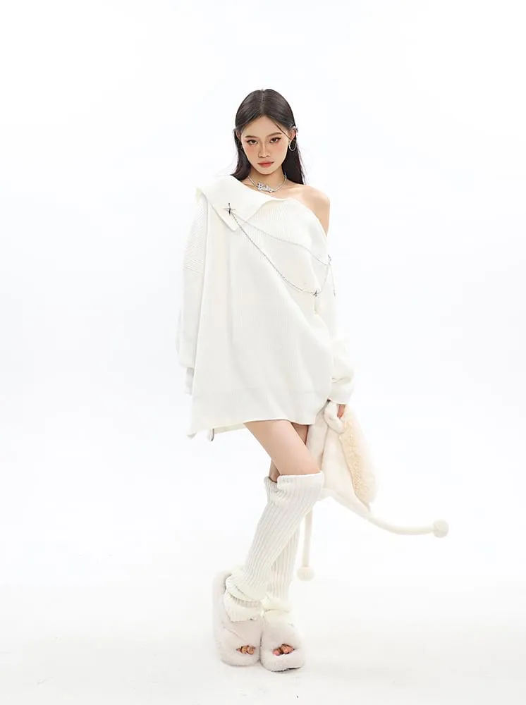 Asymmetric Off Shoulder Knit Long Top with Chain Accessory