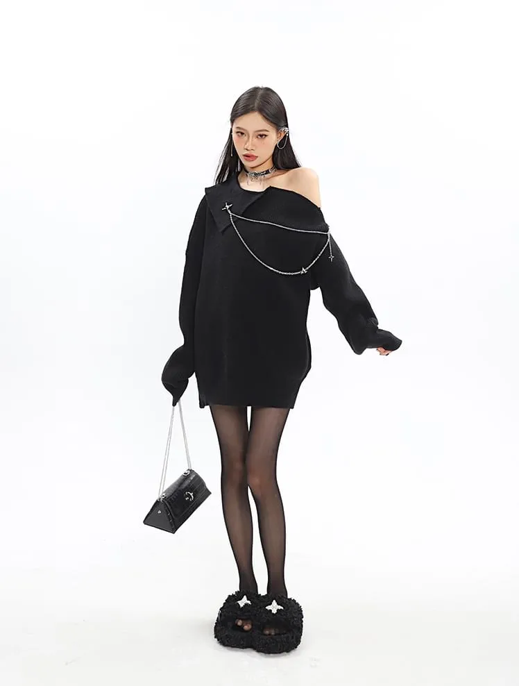 Asymmetric Off Shoulder Knit Long Top with Chain Accessory