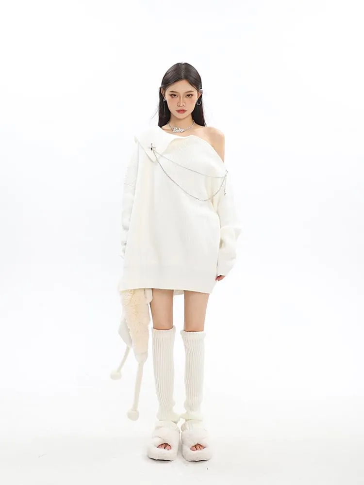 Asymmetric Off Shoulder Knit Long Top with Chain Accessory