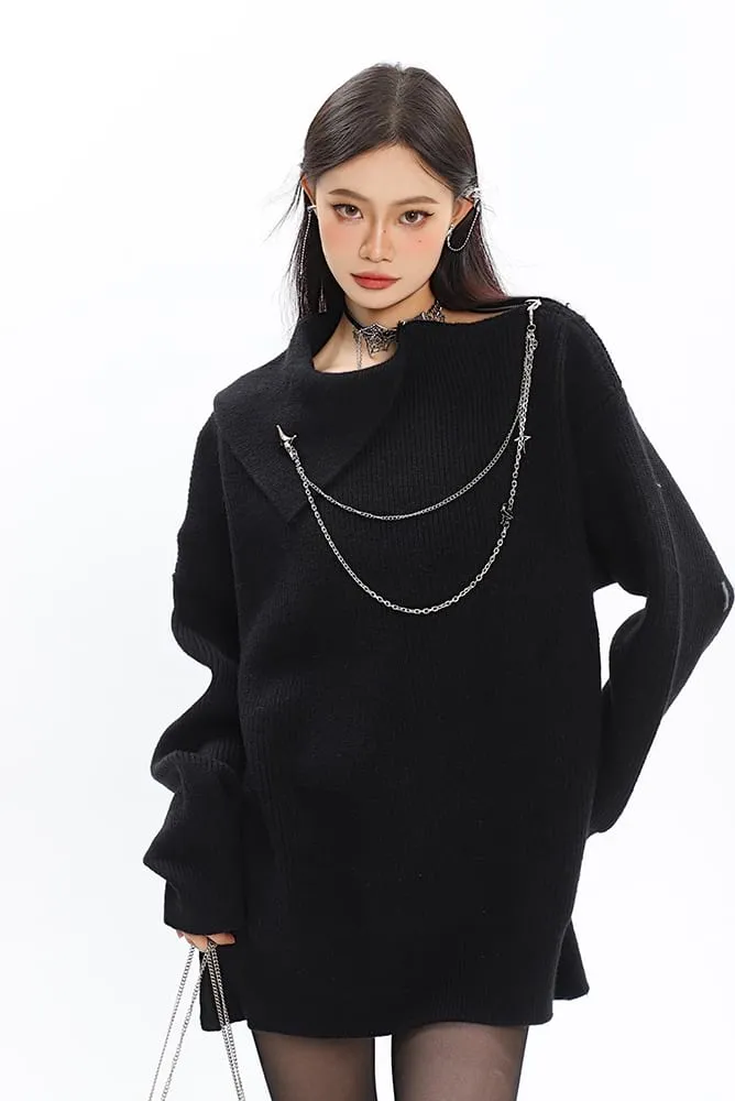 Asymmetric Off Shoulder Knit Long Top with Chain Accessory