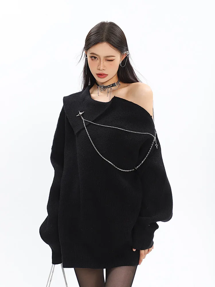 Asymmetric Off Shoulder Knit Long Top with Chain Accessory
