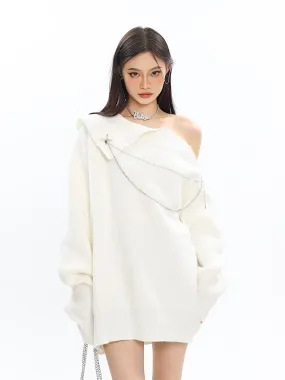 Asymmetric Off Shoulder Knit Long Top with Chain Accessory