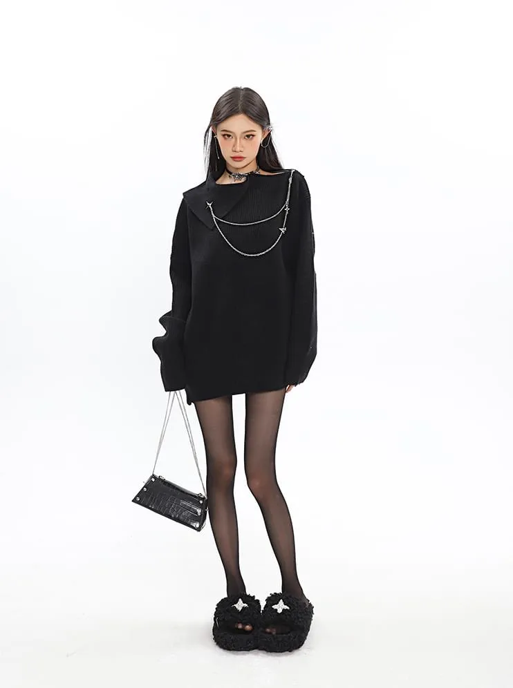 Asymmetric Off Shoulder Knit Long Top with Chain Accessory