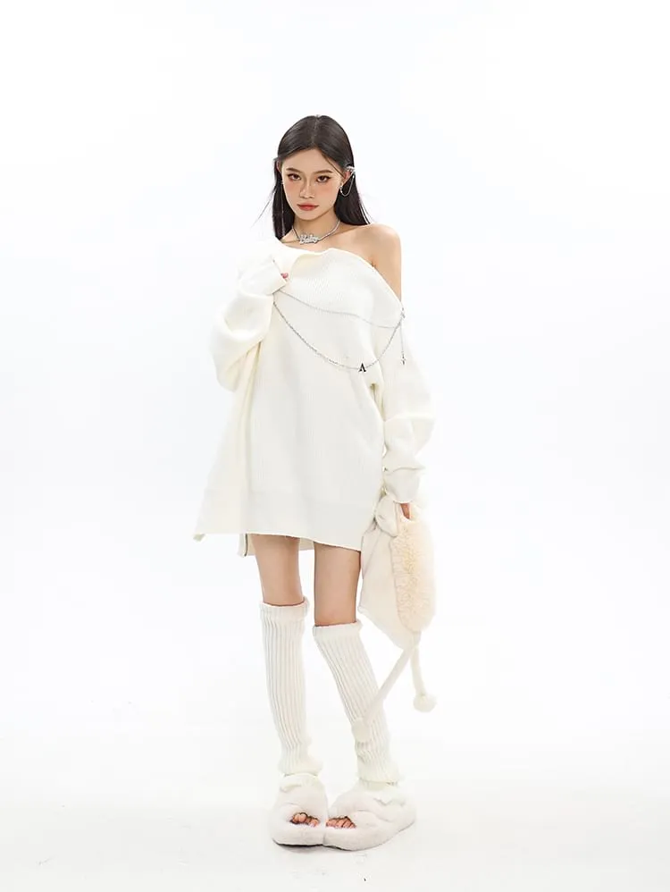 Asymmetric Off Shoulder Knit Long Top with Chain Accessory