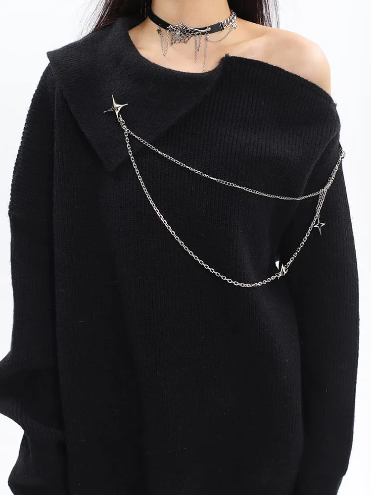 Asymmetric Off Shoulder Knit Long Top with Chain Accessory