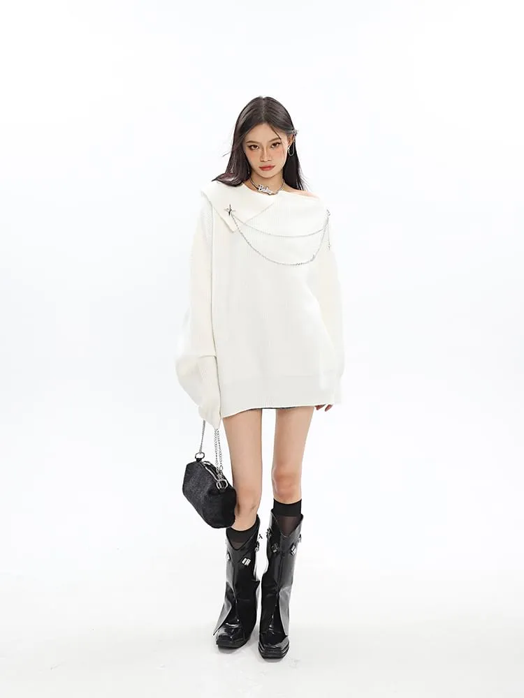 Asymmetric Off Shoulder Knit Long Top with Chain Accessory