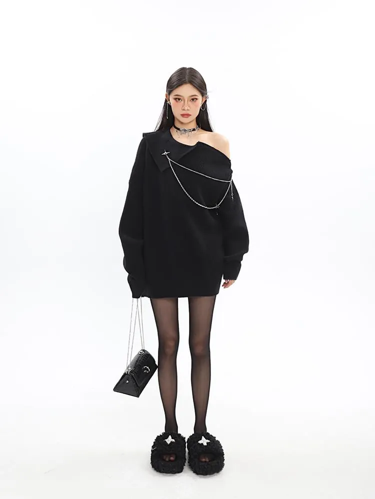 Asymmetric Off Shoulder Knit Long Top with Chain Accessory