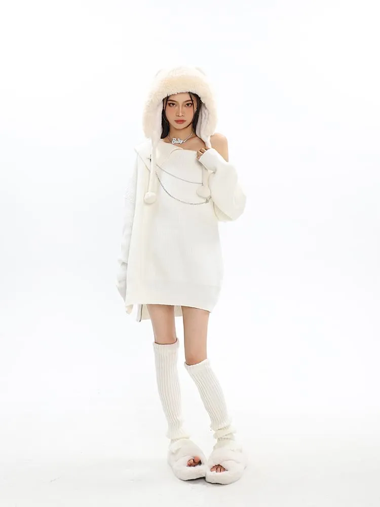 Asymmetric Off Shoulder Knit Long Top with Chain Accessory