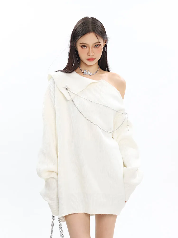 Asymmetric Off Shoulder Knit Long Top with Chain Accessory