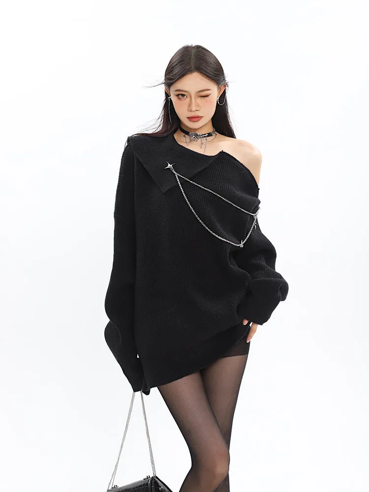 Asymmetric Off Shoulder Knit Long Top with Chain Accessory