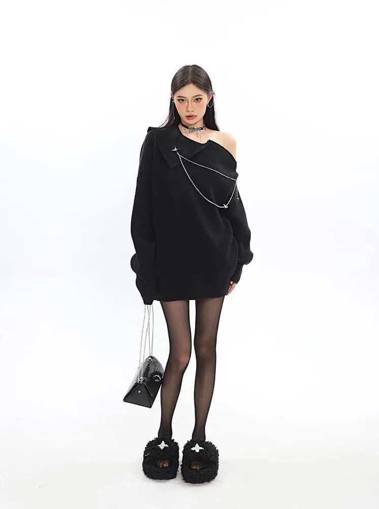 Asymmetric Off Shoulder Knit Long Top with Chain Accessory
