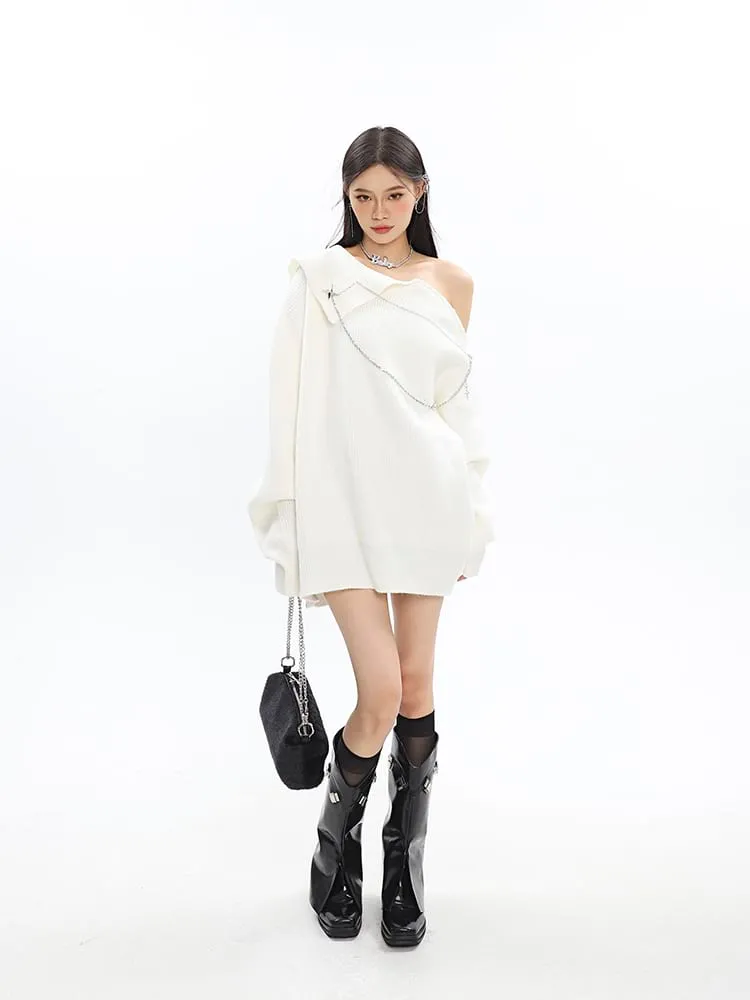 Asymmetric Off Shoulder Knit Long Top with Chain Accessory