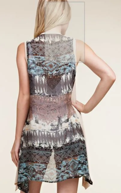 Aztec Print Vest w/Semi Sheer Back & Stone