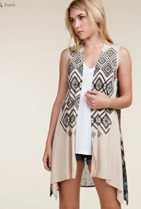 Aztec Print Vest w/Semi Sheer Back & Stone