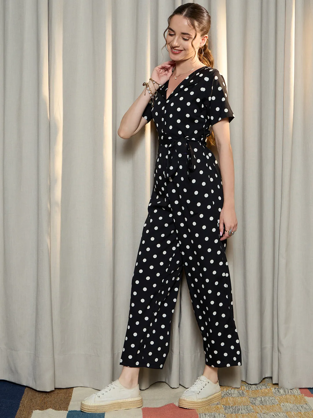 Berrylush Women Black Polka Dots V-Neck Belted Basic Jumpsuit