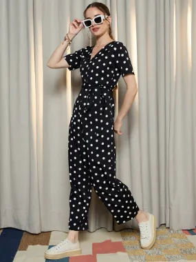 Berrylush Women Black Polka Dots V-Neck Belted Basic Jumpsuit