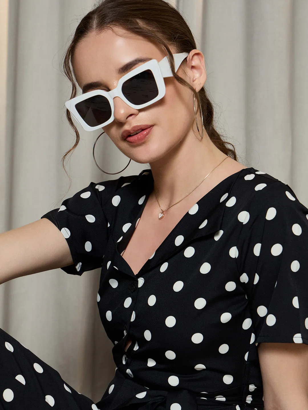 Berrylush Women Black Polka Dots V-Neck Belted Basic Jumpsuit