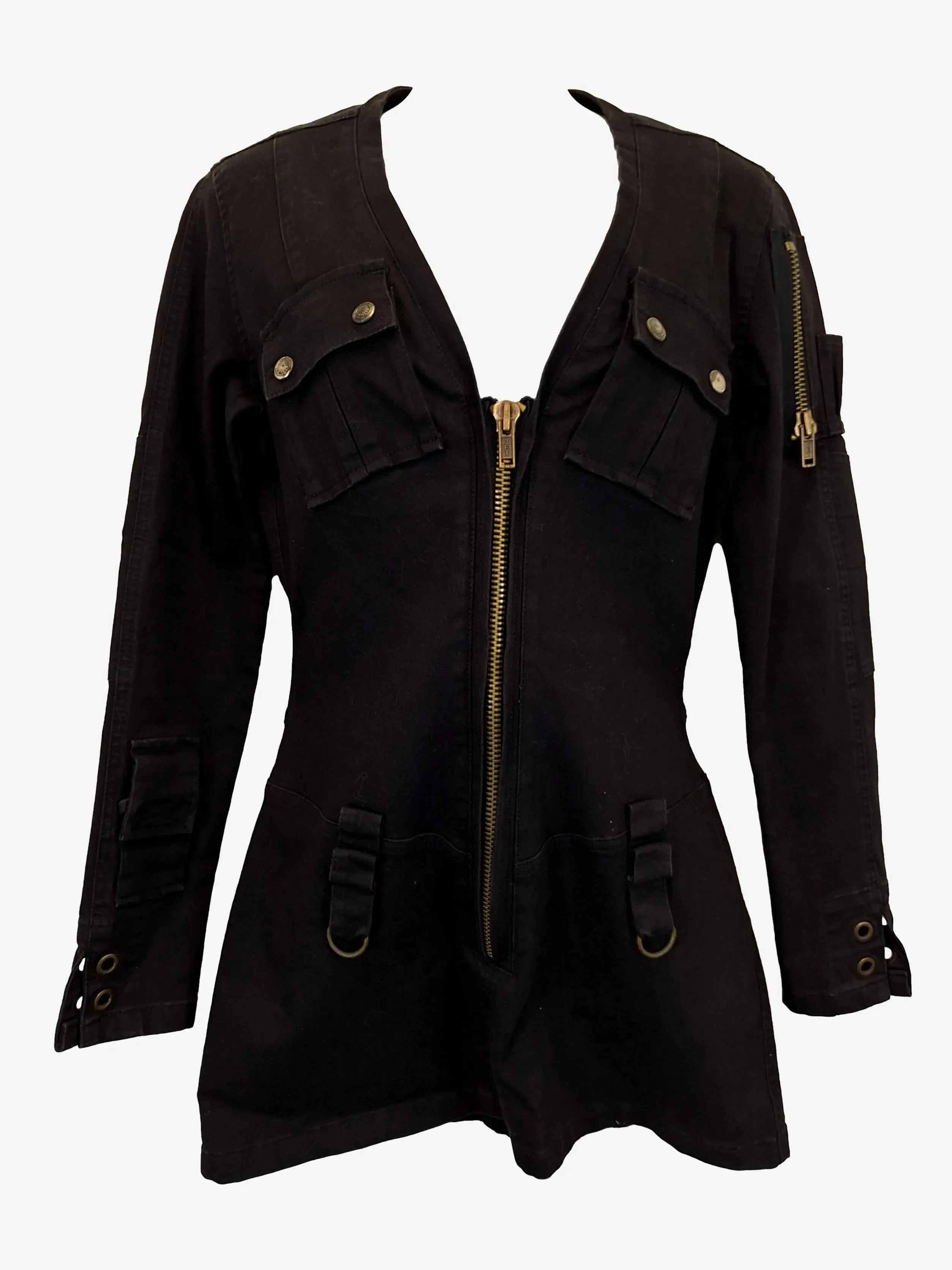 Bettina Liano Washed Black Denim Utility A-line Mini Dress Size 10