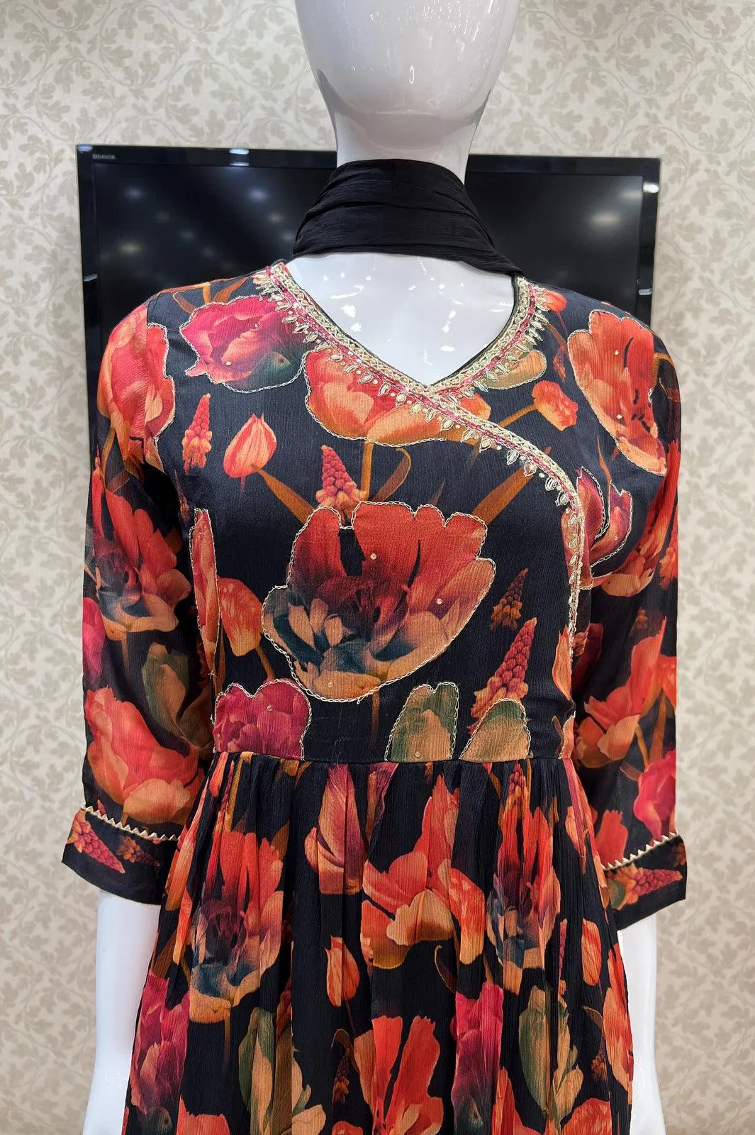 Black Floral Print, Zari, Pearl and Stone work Anarkali Style Salwar Suit with Straight Pants