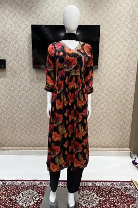 Black Floral Print, Zari, Pearl and Stone work Anarkali Style Salwar Suit with Straight Pants