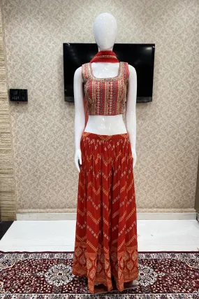 Brick Red Banaras, Sequins, Zari, Thread, Mirror, Stone and Zardozi work Crop Top with Palazzo Pant