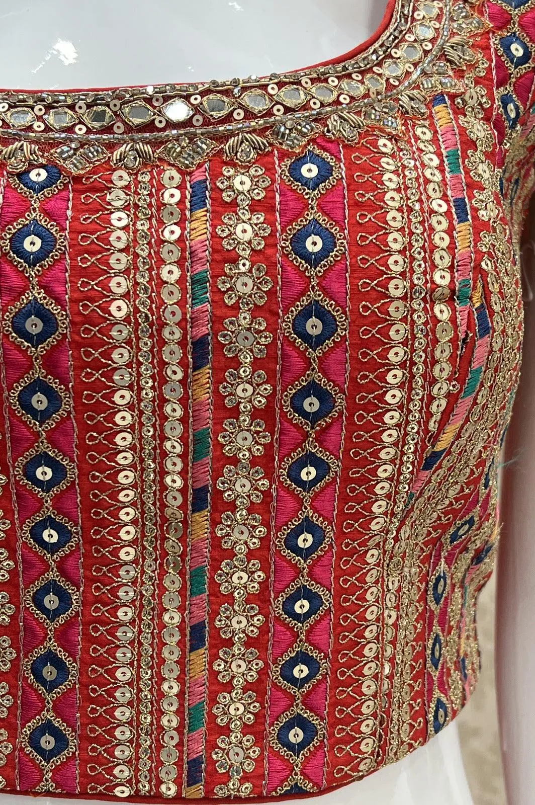 Brick Red Banaras, Sequins, Zari, Thread, Mirror, Stone and Zardozi work Crop Top with Palazzo Pant
