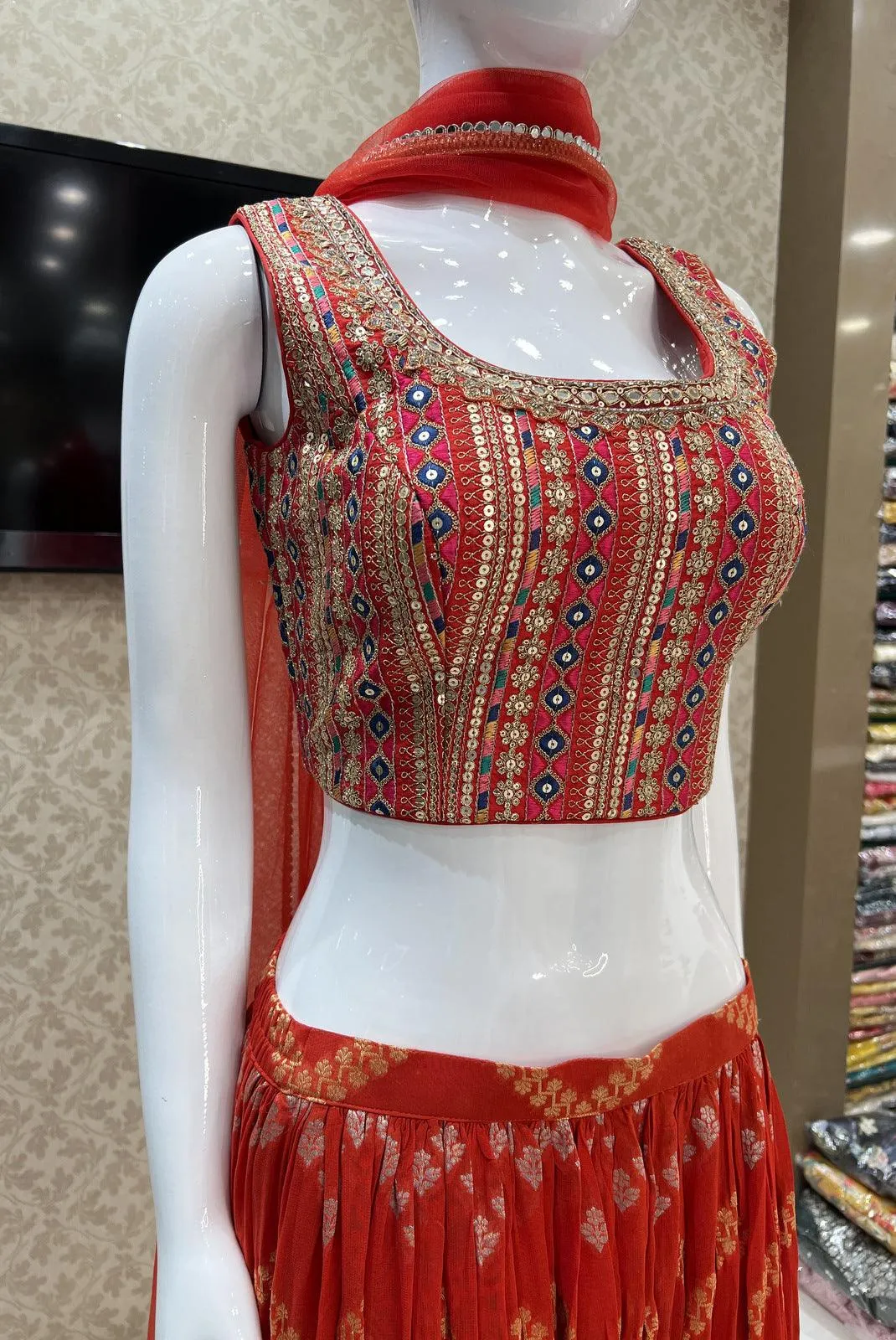 Brick Red Banaras, Sequins, Zari, Thread, Mirror, Stone and Zardozi work Crop Top with Palazzo Pant