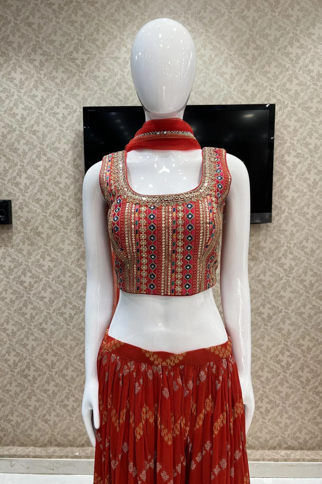 Brick Red Banaras, Sequins, Zari, Thread, Mirror, Stone and Zardozi work Crop Top with Palazzo Pant