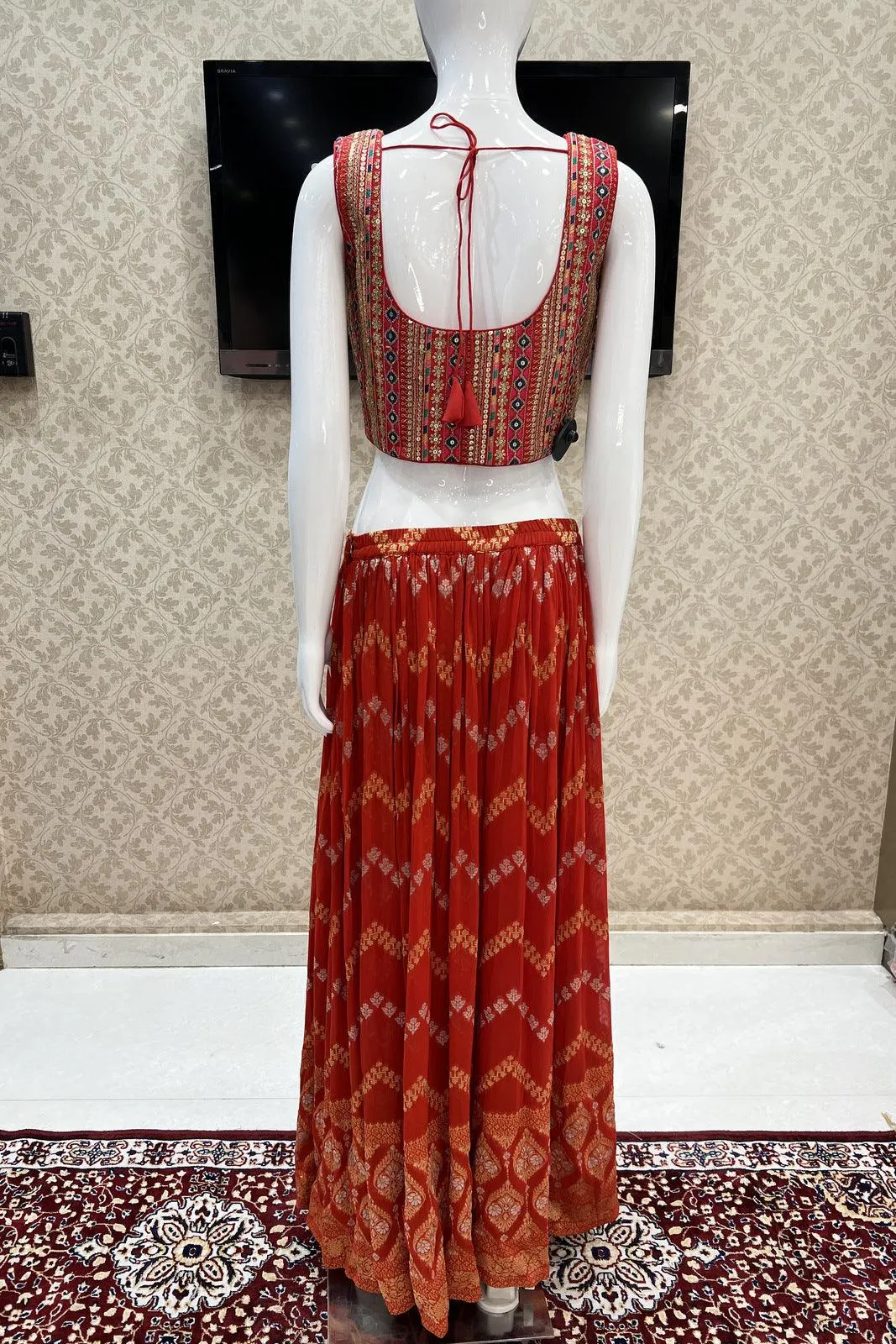 Brick Red Banaras, Sequins, Zari, Thread, Mirror, Stone and Zardozi work Crop Top with Palazzo Pant