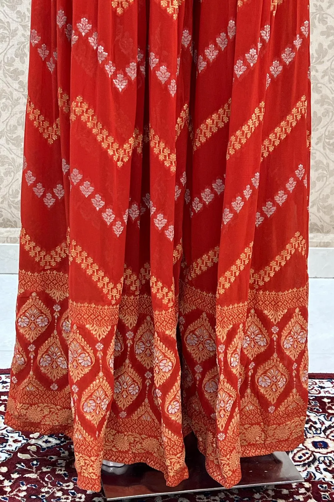Brick Red Banaras, Sequins, Zari, Thread, Mirror, Stone and Zardozi work Crop Top with Palazzo Pant