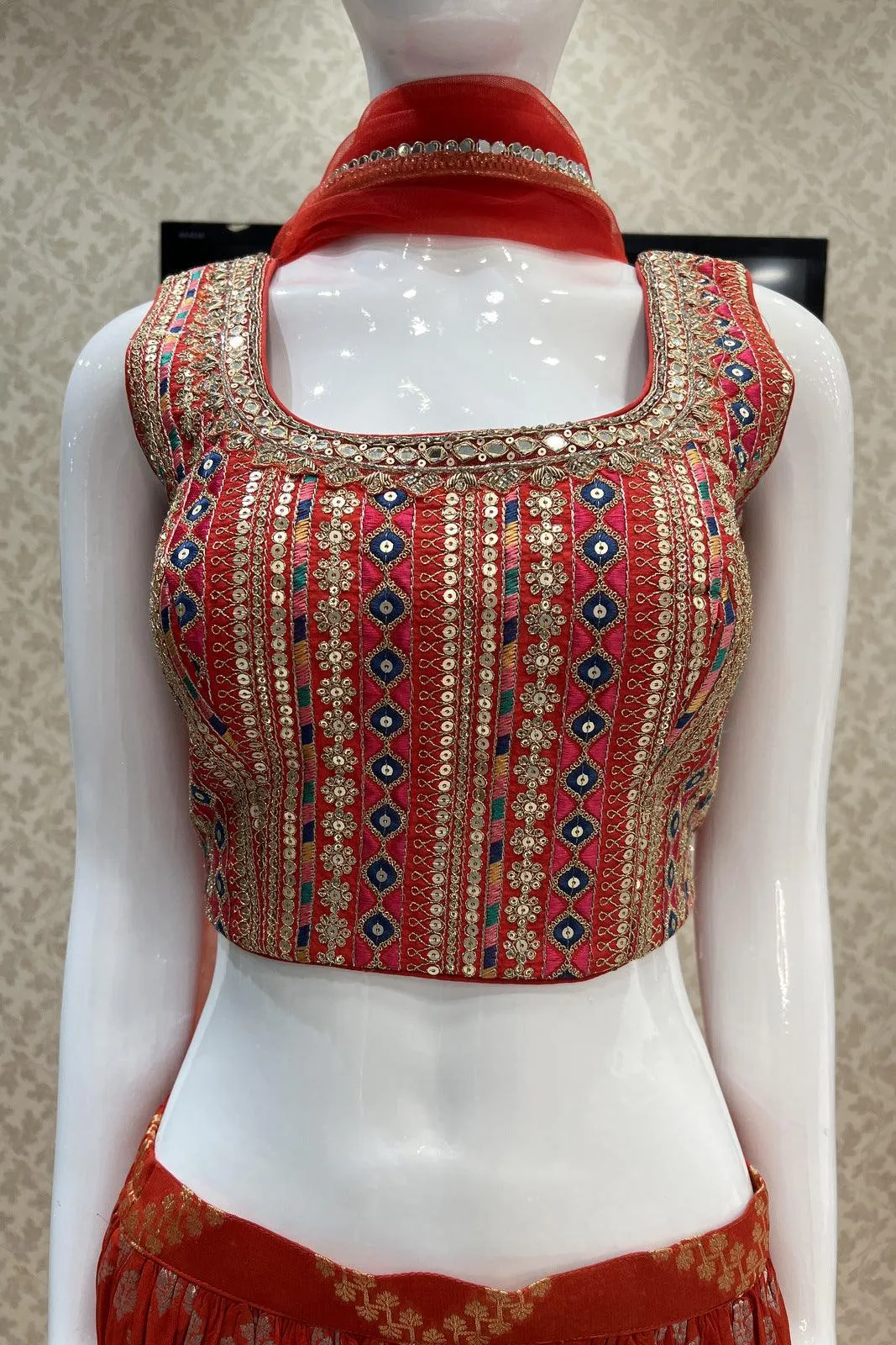 Brick Red Banaras, Sequins, Zari, Thread, Mirror, Stone and Zardozi work Crop Top with Palazzo Pant