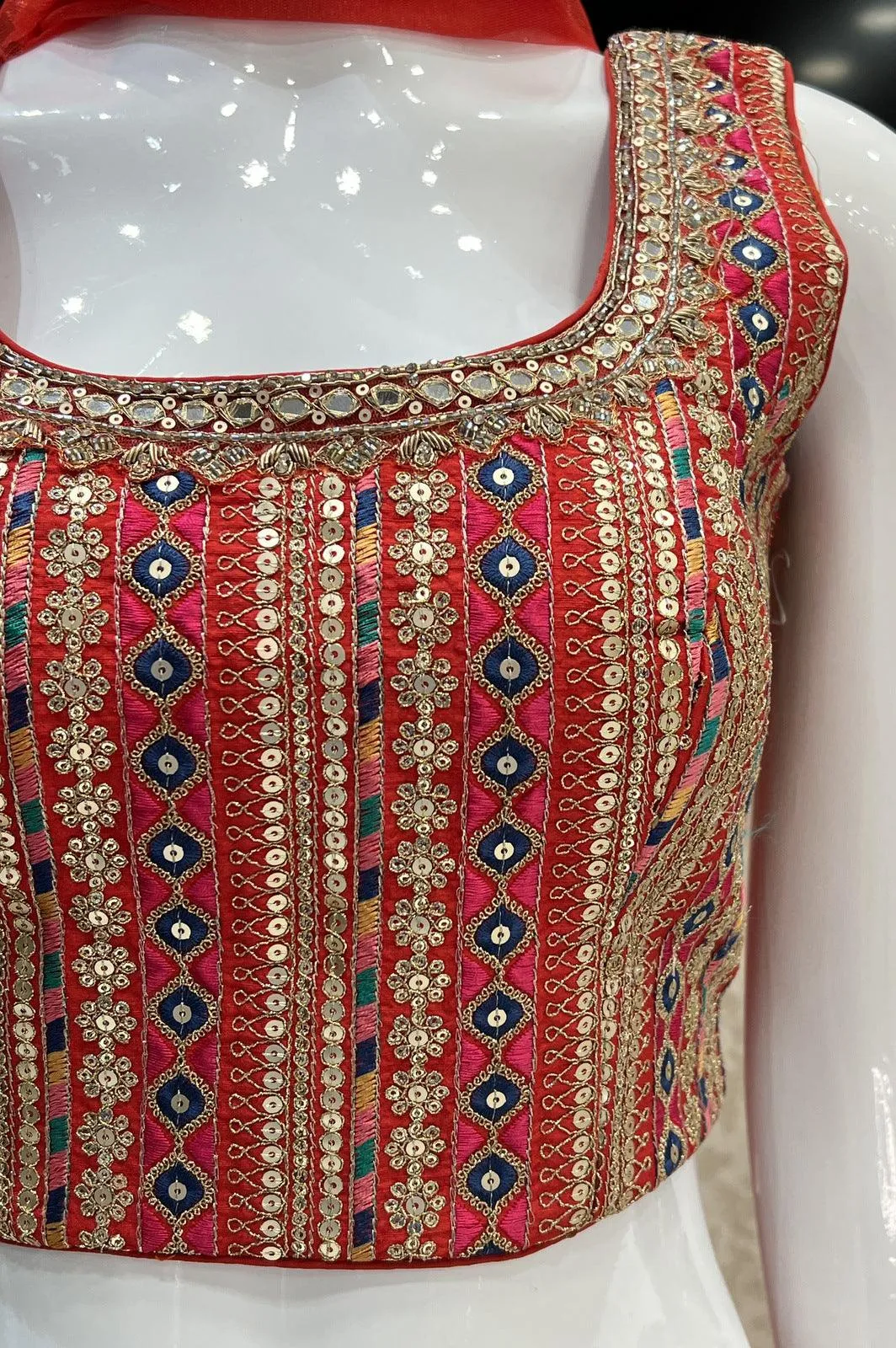 Brick Red Banaras, Sequins, Zari, Thread, Mirror, Stone and Zardozi work Crop Top with Palazzo Pant