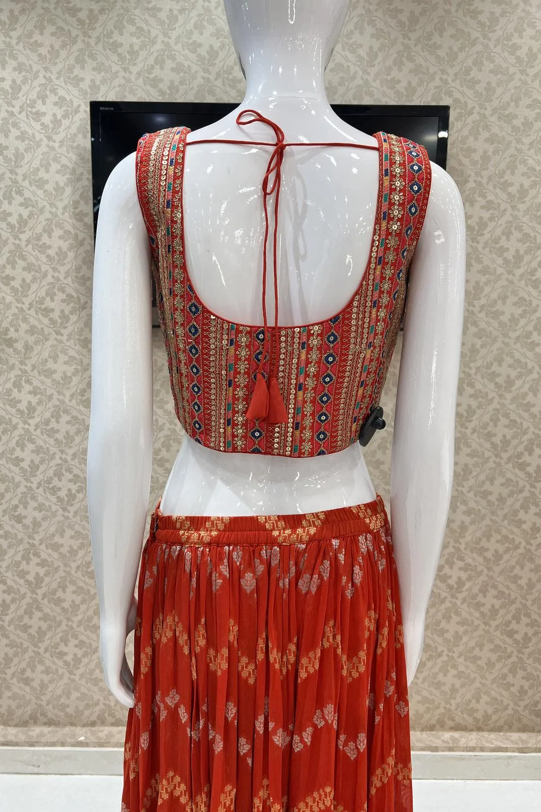 Brick Red Banaras, Sequins, Zari, Thread, Mirror, Stone and Zardozi work Crop Top with Palazzo Pant