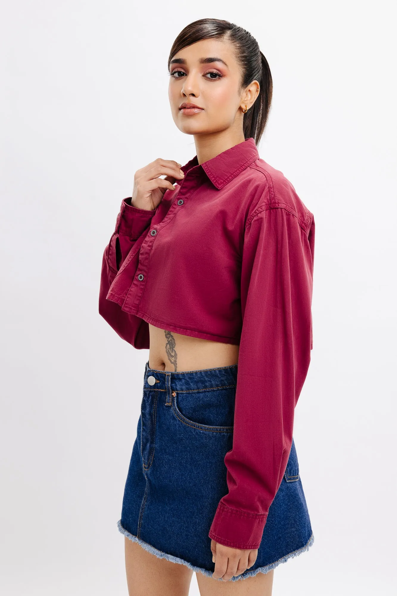 Burgundy Full Sleeves Crop Shirt