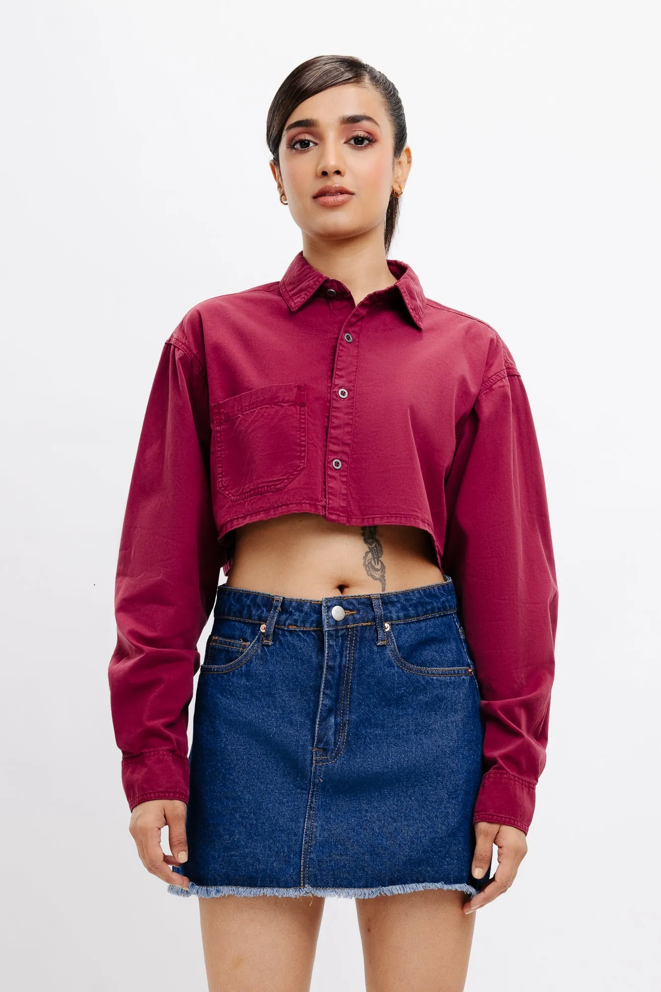Burgundy Full Sleeves Crop Shirt