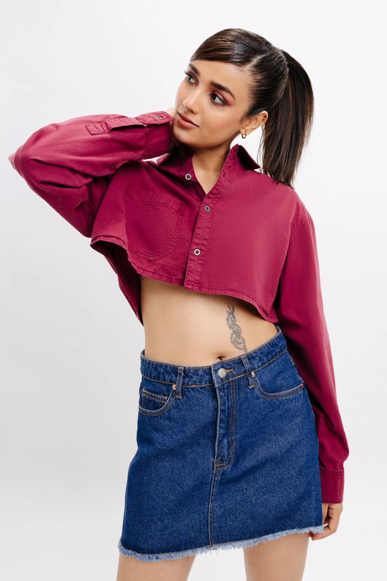 Burgundy Full Sleeves Crop Shirt