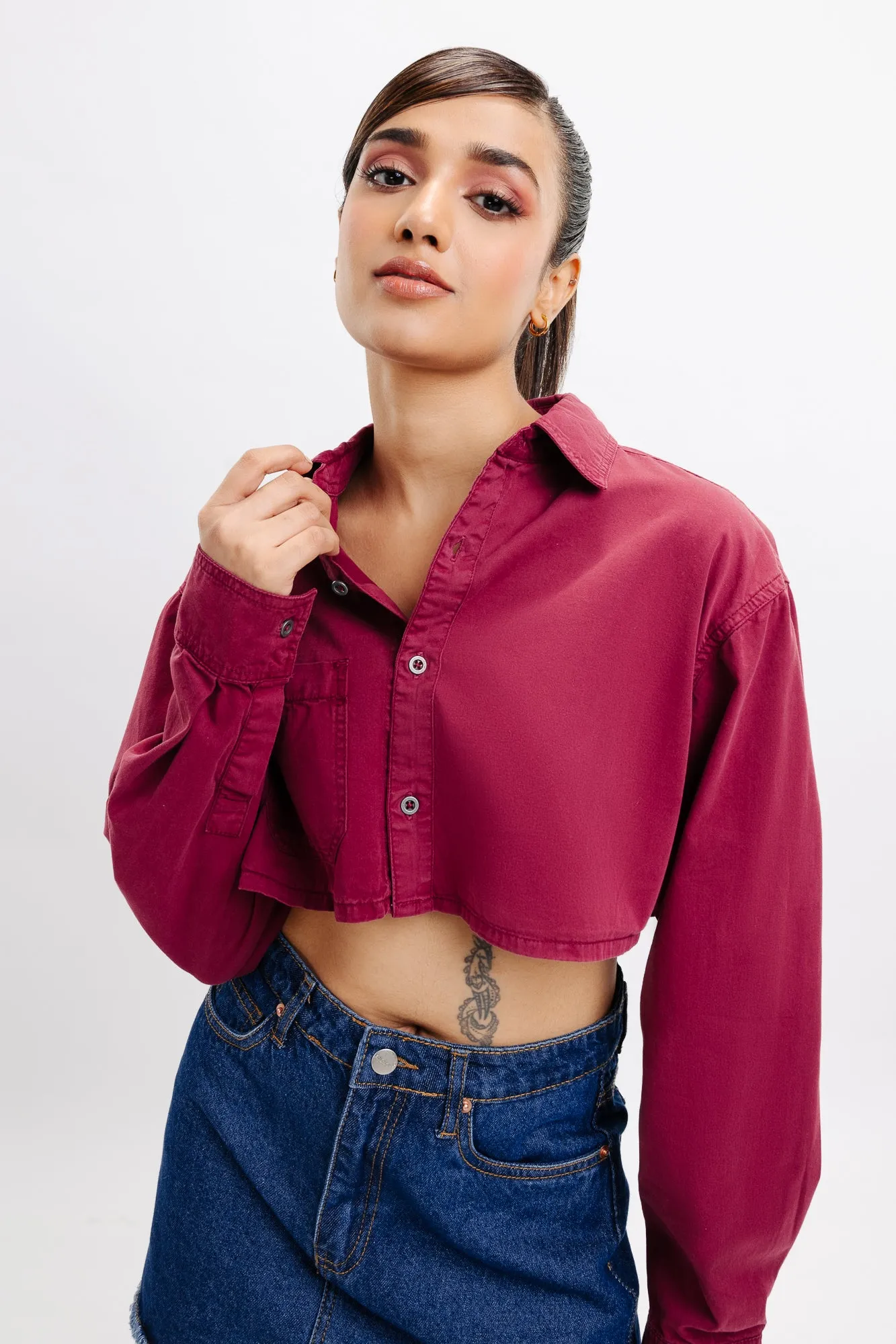 Burgundy Full Sleeves Crop Shirt