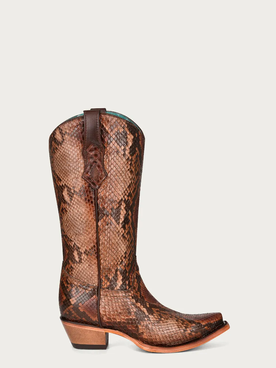 C3996 - WOMEN'S GENUINE FULL BROWN PYTHON SNIP TOE COWBOY BOOT