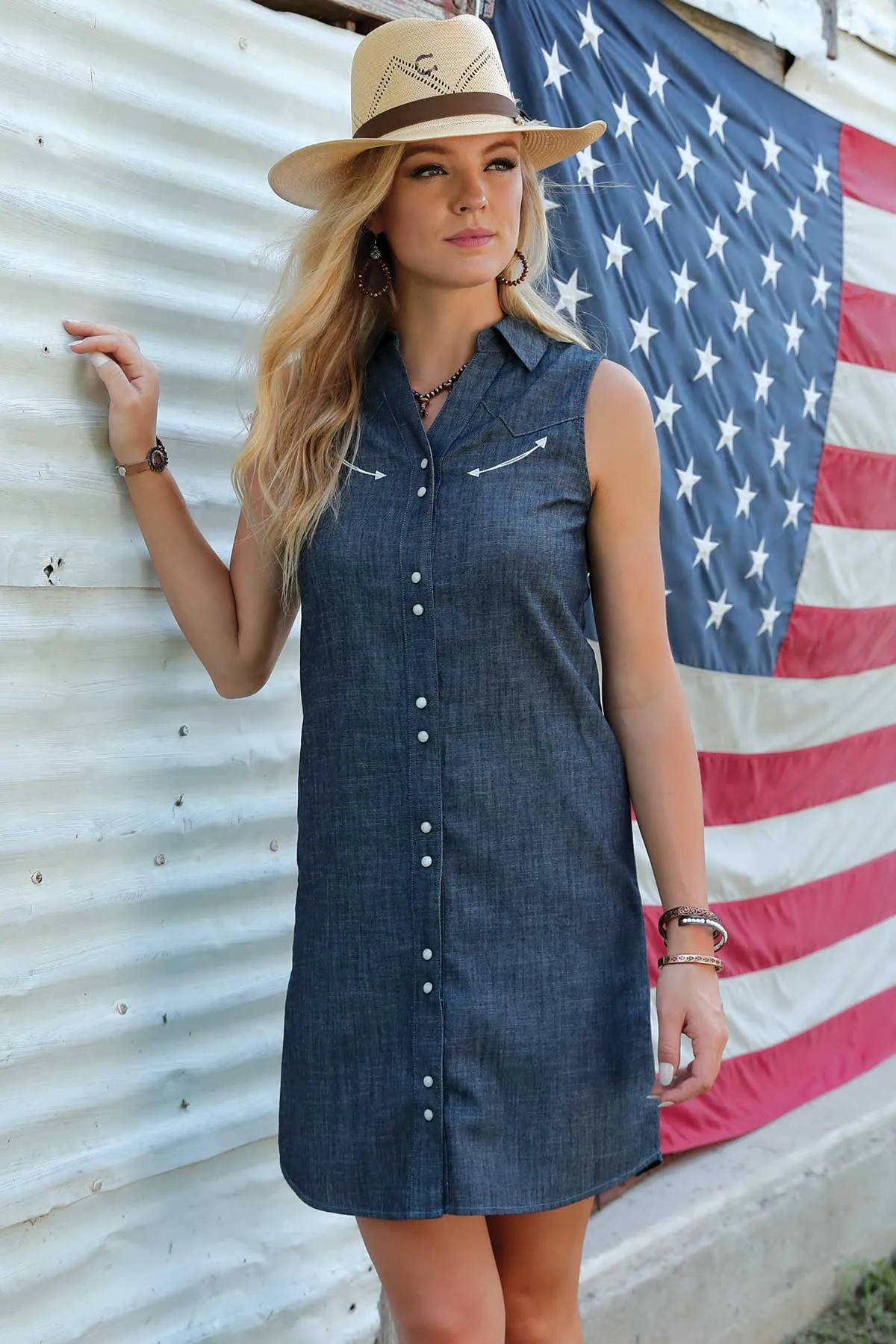 Cruel Girl® Women's Chambray Denim Sleeveless Pearl Snap Dress